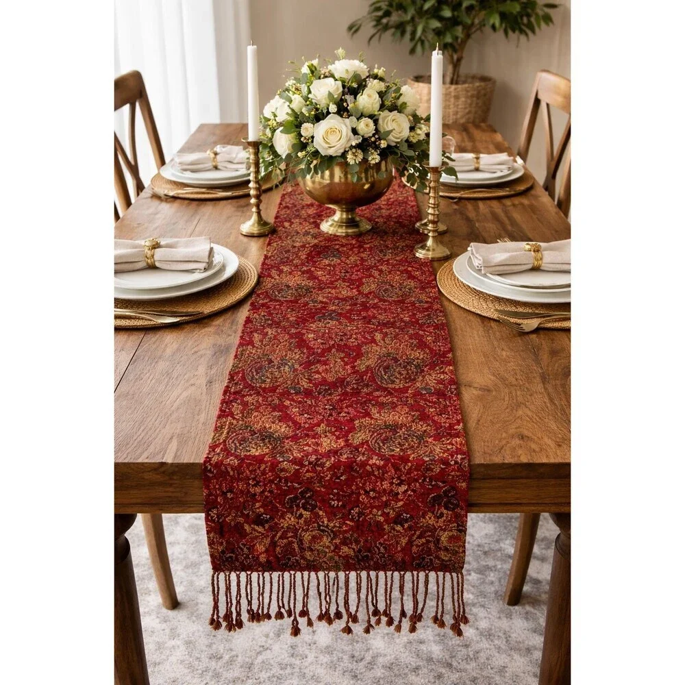 Z Gallerie Table Runner Floral Print Tapestry Style Fringe Country Farmhouse